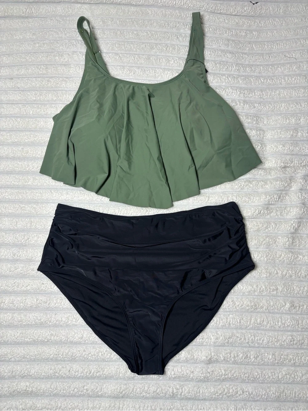 Plus Size Olive Green Flounce Tankini Top with Black High Waist Bikini Bottoms